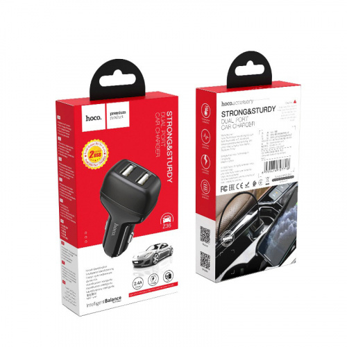 Блок питания автомобильный 2 USB HOCO Z36 Leader, 2400mA, огнестойкий, пластик, чёрный (1/14/140) (6931474727718) фото 9