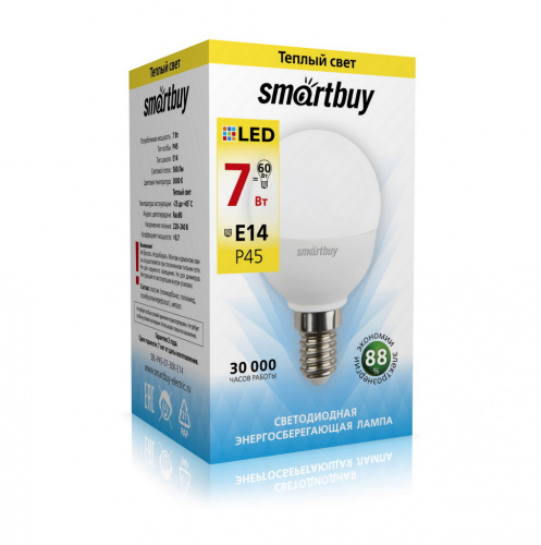 Лампа светодиодная SMARTBUY P45 7Вт 220V 3000K E14 (глоб, теплый свет) (1/10/50) (SBL-P45-07-30K-E14)
