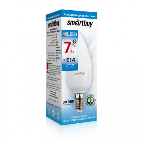 Лампа светодиодная SMARTBUY C37 7Вт 220V 6000K E14 (свеча, холодный дневной свет) (10/100) (SBL-C37-07-60K-E14)