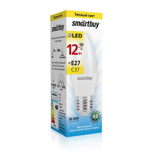 Лампа светодиодная SMARTBUY C37 12Вт 220V 3000K E27 (теплый свет) (10/100) (SBL-C37-12-30K-E27)