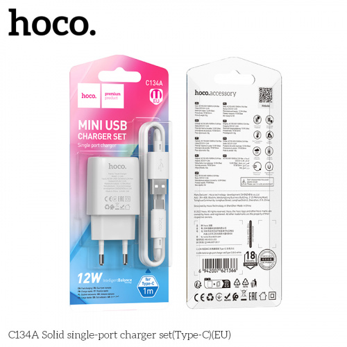 Блок питания сетевой 1 USB HOCO C134A Solid, 3000mA, пластик, 2.4A, кабель USB - Type-C, цвет: белый (1/28/168) (6942007621366)