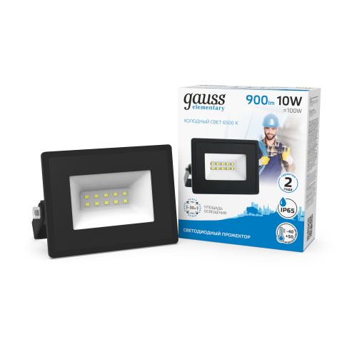 Прожектор светодиодный GAUSS Elementary 10W 850lm 6500К 200-240V IP65 черный (1/20) (613100310)