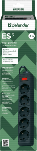 Сетевой фильтр DEFENDER ES, 5 розеток, ПВС 3*1,0 мм2, мощность 2200 Вт, ток 10А, чёрный, 3 м (1/45) (99485) фото 11