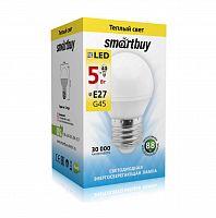 Лампа светодиодная SMARTBUY GL45 5Вт 220V 3000K E27 (глоб, тёплый свет) (10/100) (SBL-G45-05-30K-E27)