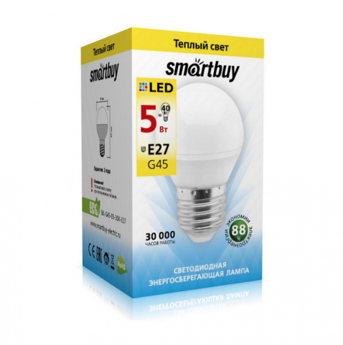 Лампа светодиодная SMARTBUY GL45 5Вт 220V 3000K E27 (глоб, тёплый свет) (10/100) (SBL-G45-05-30K-E27)