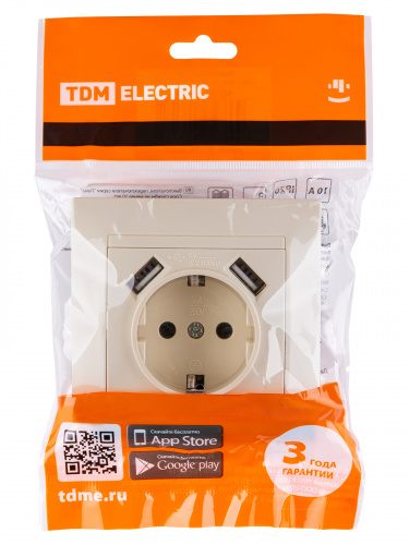 Розетка 2П+З 16А 250В + 2 USB порта 2,1А 5В сл.кость с/у, "Лама" (1/96) TDM (SQ1815-0142) фото 2
