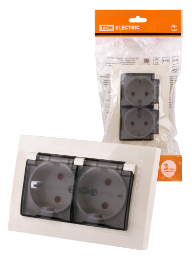 Розетка двойная 2П+З с защ. шт. и прозрачной крышкой 16А 250В IP44 сл. кость "Таймыр" (10/100) TDM (SQ1814-0177) Розетка двойная 2П+З с защ. шт. и прозрачной крышкой 16А 250В IP44 сл. кость "Таймыр" (10/100) TDM (SQ1814-0177)