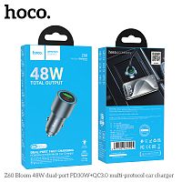 Блок питания автомобильный 1 USB, 1 Type-C HOCO Z60 Bloom, 3.0A, металл, QC3.0, PD48Вт, цвет: серый (1/13/130) (6942007642095)
