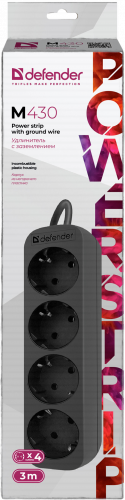 Удлинитель DEFENDER M430, 4 розетки, ПВС 3*1,0 мм2, мощность 2200 Вт, ток 10А, с/з, черный, 3,0 м (1/45) (99326) фото 9