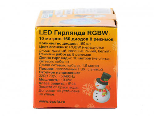 Гирлянда светодиодная ECOLA 220V IP44 Нить 10м 160Led RGBW, 8 режимов, прозр.провод с вилкой (1/30) (N4YM10ELC) фото 6