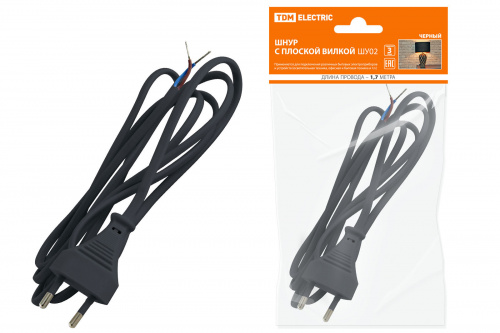 Шнур с плоской вилкой ШУ02 ШВВП 2х0,75мм2 1,7 м. черный TDM (1/80) (SQ1305-0012)