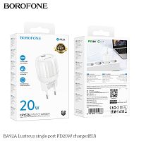 Блок питания сетевой 1 Type-C Borofone BA92A Lustrous, пластик, PD20Вт, QC3.0, цвет: белый (1/30/120) (6941991119866)