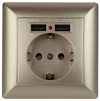 Розетка INTRO P+E Schuko со шторками, 16А-250В + 2хUSB, СУ, Solo, шампань (10/100/2500) 4-410-04
