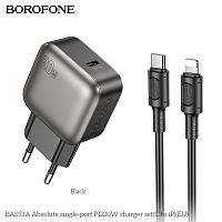 Блок питания сетевой 1 Type-C Borofone BAS53A Absolute, пластик, PD20Вт, QC3.0, кабель Type-C - Type-C, цвет: чёрный (1/48/192) (6941991116193)