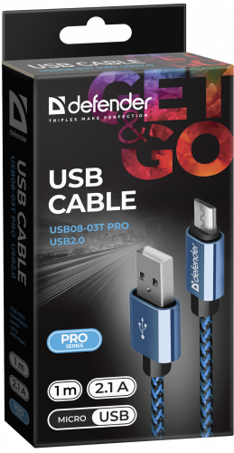 Кабель DEFENDER USB08-03T PRO USB2.0, синий, AM-MicroBM, 1m, 2.1A (1/100) (87805) фото 6