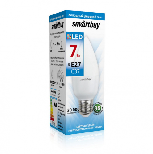 Лампа светодиодная SMARTBUY C37 7Вт 220V 6000K E27 (свеча, холодный дневной свет) (10/100) (SBL-C37-07-60K-E27)