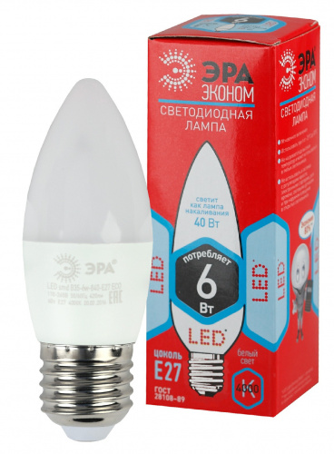 Лампа светодиодная ЭРА RED LINE ECO LED B35-6W-840-E27 E27 / Е27 6Вт свеча нейтральный белый свет (1/100) (Б0020621) фото 6