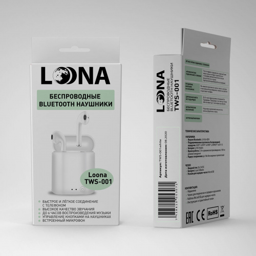 Беспроводные TWS-наушники Loona TWS-001white,Bluetooth, белые (1/100) фото 2 Беспроводные TWS-наушники Loona TWS-001white,Bluetooth, белые (1/100) фото 2