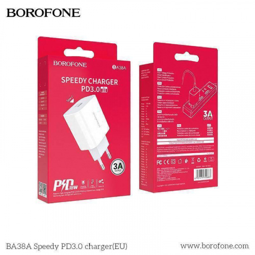 Блок питания сетевой 1 Type-C Borofone BA38A Plus, Speedy, 3000mA, пластик, QC3.0 + PD3.0, цвет: белый (1/44/176) (6931474746870)