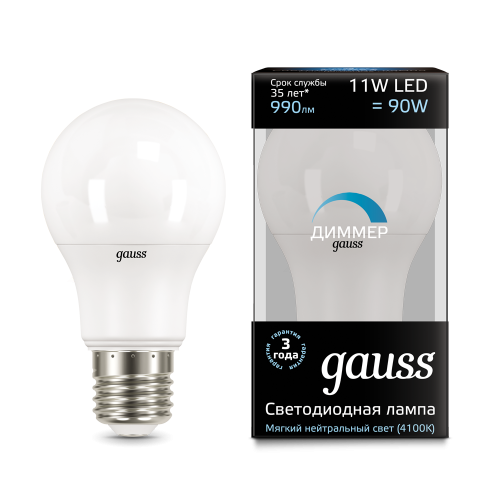 Лампа светодиодная GAUSS A60 11W 990lm 4100К E27 диммируемая 1/10/50 (102502211-D)