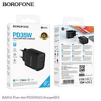 Блок питания сетевой 2 Type-C Borofone BA85A Flare, пластик, PD35Вт, QC3.0, цвет: чёрный (1/40/160) (6941991117459)
