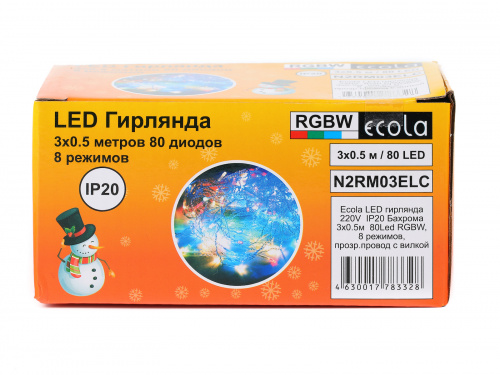 Гирлянда светодиодная ECOLA 220V IP20 Бахрома 3x0.5м 80Led RGBW, 8 режимов, прозр.провод с вилкой (1/30) (N2RM03ELC) фото 5