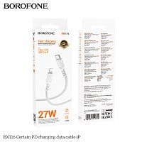 Кабель Type-C - 8 pin Borofone BX116 Certain, 1.0м, 3A, PD27Вт, ткань, цвет: белый (1/360) (6941991119729)