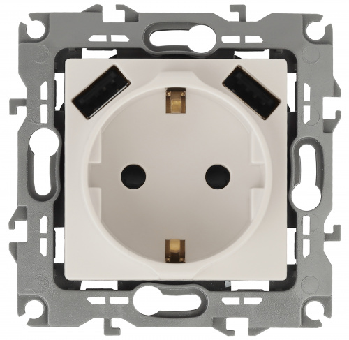 Розетка ЭРА, серии ЭРА 12, 2P+E 16A-250В, штор. с 2xUSB 5В-3А, слоновая кость (10/100/2000) 12 -4109-02