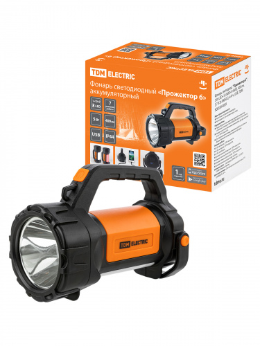 Фонарь TDM светодиодный "Прожектор 6", 5 Вт LED+10 SMD+9 SMD, 400 лм, 3,7 В 2x18650 2,4 А*ч, USB, (1/24) (SQ0350-0059)