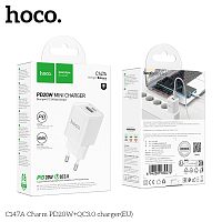 Блок питания сетевой 1 USB, 1 Type-C HOCO C147A Charm, 3.0A, PD20Вт, цвет: белый (1/30/180) (6942007630276)