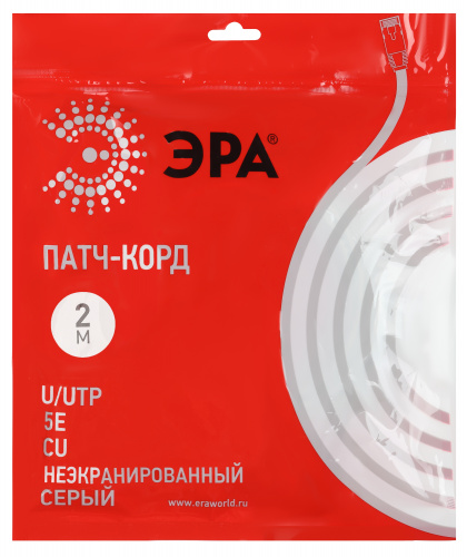 Патч корд ЭРА U/UTP неэкранированный 2 м, категория 5e, серый Cu (1/160) (Б0051411) фото 2