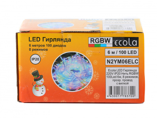 Гирлянда светодиодная ECOLA 220V IP20 Нить 6м 100Led RGBW, 8 режимов, прозр.провод с вилкой (1/30) (N2YM06ELC) фото 4