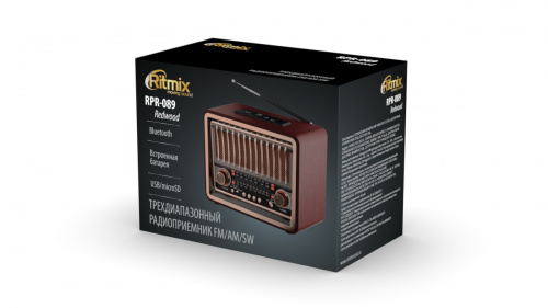 Радиоприёмник RITMIX RPR-089 REDWOOD  (ФМ/АМ/СВ),BT,вх. AUX,2 дин.,mp3,воспр.micro SD/USB,вст. аккум,телеск. Аннтен,пит. АС220В,50Гц/бат.(1/8) (80002007) фото 2