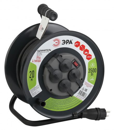 Удлинитель ЭРА силовой RMx-4es-3x2.5-20m-IP44(KG) на металлическая катушке с заземлением 4 розетки КГ 3x2,5м2 20 м 16А (1/1)