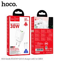 Блок питания сетевой 1 USB, 1 Type-C HOCO N63 Gentle, 3.0A, PD30Вт, кабель Type-C - Type-C, цвет: белый (1/12/120) (6942007644402)