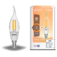 Лампа светодиодная GAUSS Smart Home, филамент, Wi-Fi и голосовое управление, програм-ние режимов, диммер, DIM E14 CF35 4,5 Вт 1/10/40 (1260112)