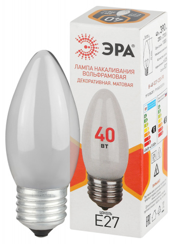 Лампа ЭРА накаливания B36 40Вт Е27 / E27 230В свечка матовая (1/100) (Б0066400)