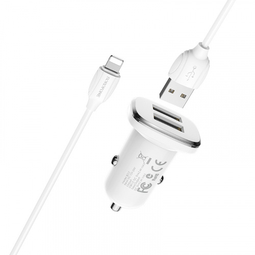 Блок питания автомобильный 2 USB Borofone BZ12, Lasting, 2400mA, пластик, кабель 8 pin, цвет: белый (1/44/176) (6931474708656) фото 4
