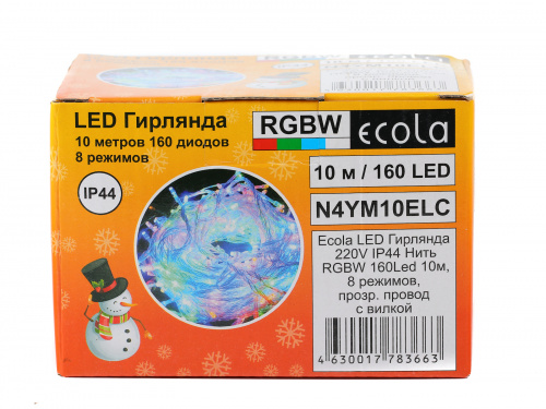Гирлянда светодиодная ECOLA 220V IP44 Нить 10м 160Led RGBW, 8 режимов, прозр.провод с вилкой (1/30) (N4YM10ELC) фото 4