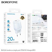 Блок питания сетевой 1 Type-C Borofone BA92A Lustrous, пластик, PD20Вт, QC3.0, цвет: синий (1/30/120) (6941991119873)