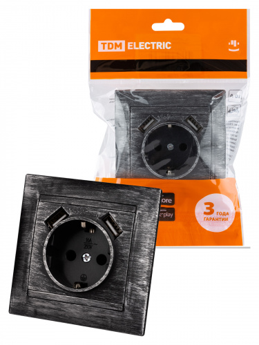 Розетка 2П+З 16А 250В + 2 USB порта 2,1А 5В старинное серебро с/у, "Лама" (1/96) TDM (SQ1815-0669) Розетка 2П+З 16А 250В + 2 USB порта 2,1А 5В старинное серебро с/у, "Лама" (1/96) TDM (SQ1815-0669)