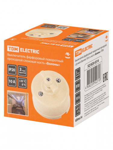 Выключатель фарфоровый поворотный проходной с ручкой (бантик) 10А сл. кость «Болонь» TDM (1/72) (SQ1820-0314) фото 2 Выключатель фарфоровый поворотный проходной с ручкой (бантик) 10А сл. кость «Болонь» TDM (1/72) (SQ1820-0314) фото 2