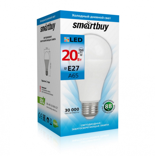 Лампа светодиодная SMARTBUY A65 20Вт 220V 6000K E27 (холодный свет) (1/10/100) (SBL-A65-20-60K-E27) Лампа светодиодная SMARTBUY A65 20Вт 220V 6000K E27 (холодный свет) (1/10/100) (SBL-A65-20-60K-E27)