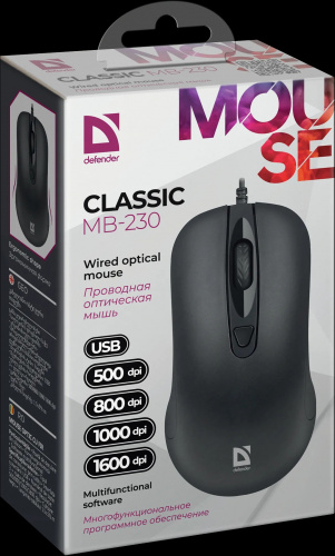 Мышь проводная DEFENDER Classic MB-230, 4кнопки,1000/1200dpi, черный (1/40) (52231) фото 2