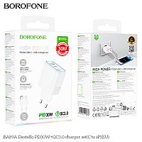 Блок питания сетевой 1 USB, 1 Type-C Borofone BA89A Destello, пластик, PD30Вт, QC3.0, кабель Type-C - 8 pin, цвет: белый (1/42/168) (6941991119378)