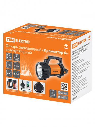 Фонарь TDM светодиодный "Прожектор 6", 5 Вт LED+10 SMD+9 SMD, 400 лм, 3,7 В 2x18650 2,4 А*ч, USB, (1/24) (SQ0350-0059) фото 2