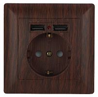 Розетка INTRO P+E Schuko со шторками, 16А-250В + 2хUSB, СУ, Solo, венге (10/100/2500) 4-410-10 (Б0043408)