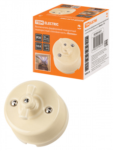 Выключатель фарфоровый поворотный перекрёстный с ручкой (бантик) 10А сл. кость «Болонь» TDM (1/72) (SQ1820-0317) Выключатель фарфоровый поворотный перекрёстный с ручкой (бантик) 10А сл. кость «Болонь» TDM (1/72) (SQ1820-0317)