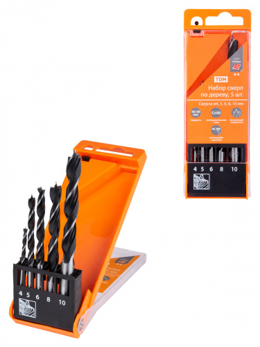 Набор сверл по дереву, 5 шт. (4-5-6-8-10) мм, полир., HSS, пласт. уп., "Рубин" TDM (1/100) (SQ1093-0201) Набор сверл по дереву, 5 шт. (4-5-6-8-10) мм, полир., HSS, пласт. уп., "Рубин" TDM (1/100) (SQ1093-0201)