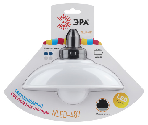 Светильник-ночник светодиодный ЭРА NLED-487-1W-SW-W настенный на батарейках с выключателем белый (1/24) (Б0051474) Светильник-ночник светодиодный ЭРА NLED-487-1W-SW-W настенный на батарейках с выключателем белый (1/24) (Б0051474)